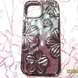 Flexible Pink Flower Print iPhone 15 Cover w/ Silver Detail